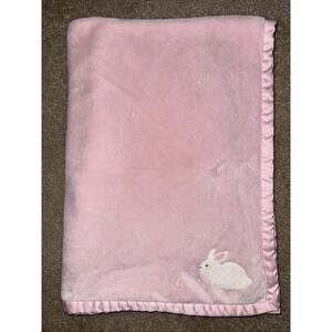 Carter's Pink Baby Blanket White Bunny Rabbit Plush Satin Edge Fleece Cozy Lovey